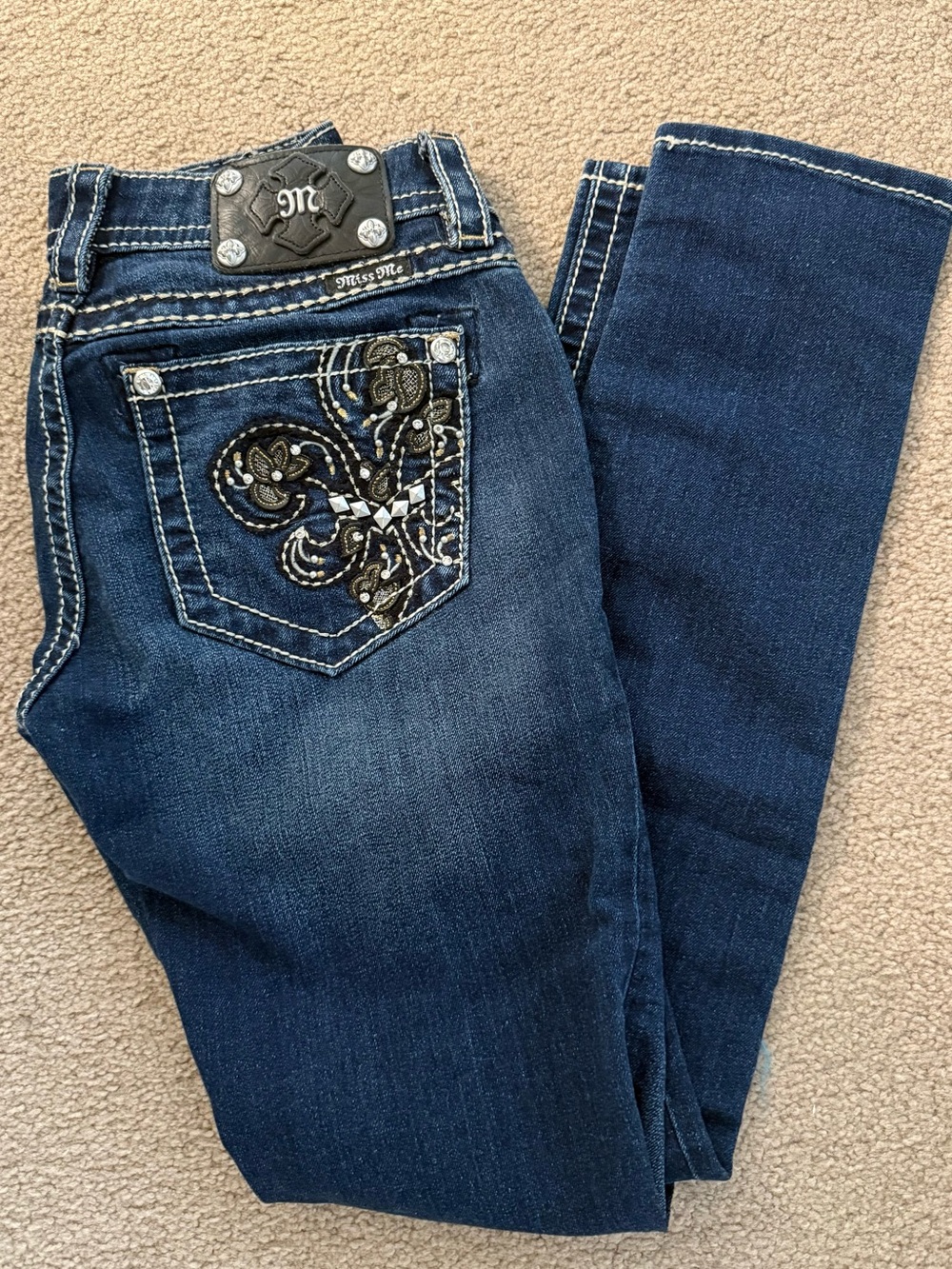 Miss Me Dark Blue Skinny Jeans with Embellished Back Pocket